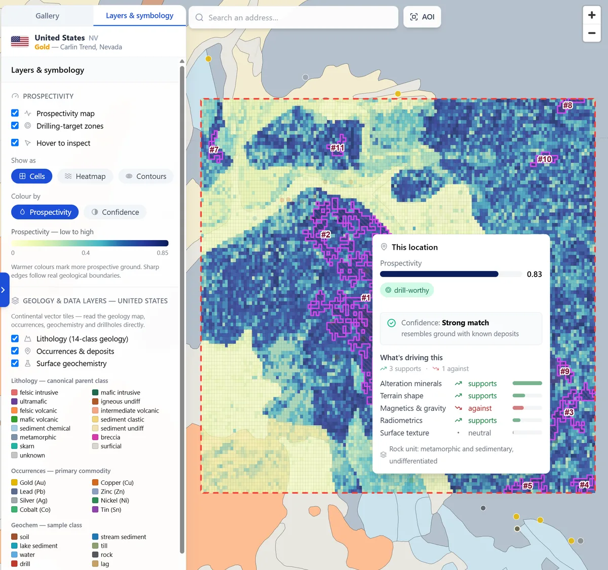 MineDSS mineral prospectivity map — ranked drill targets and the evidence behind each, Carlin Trend, Nevada (USA)