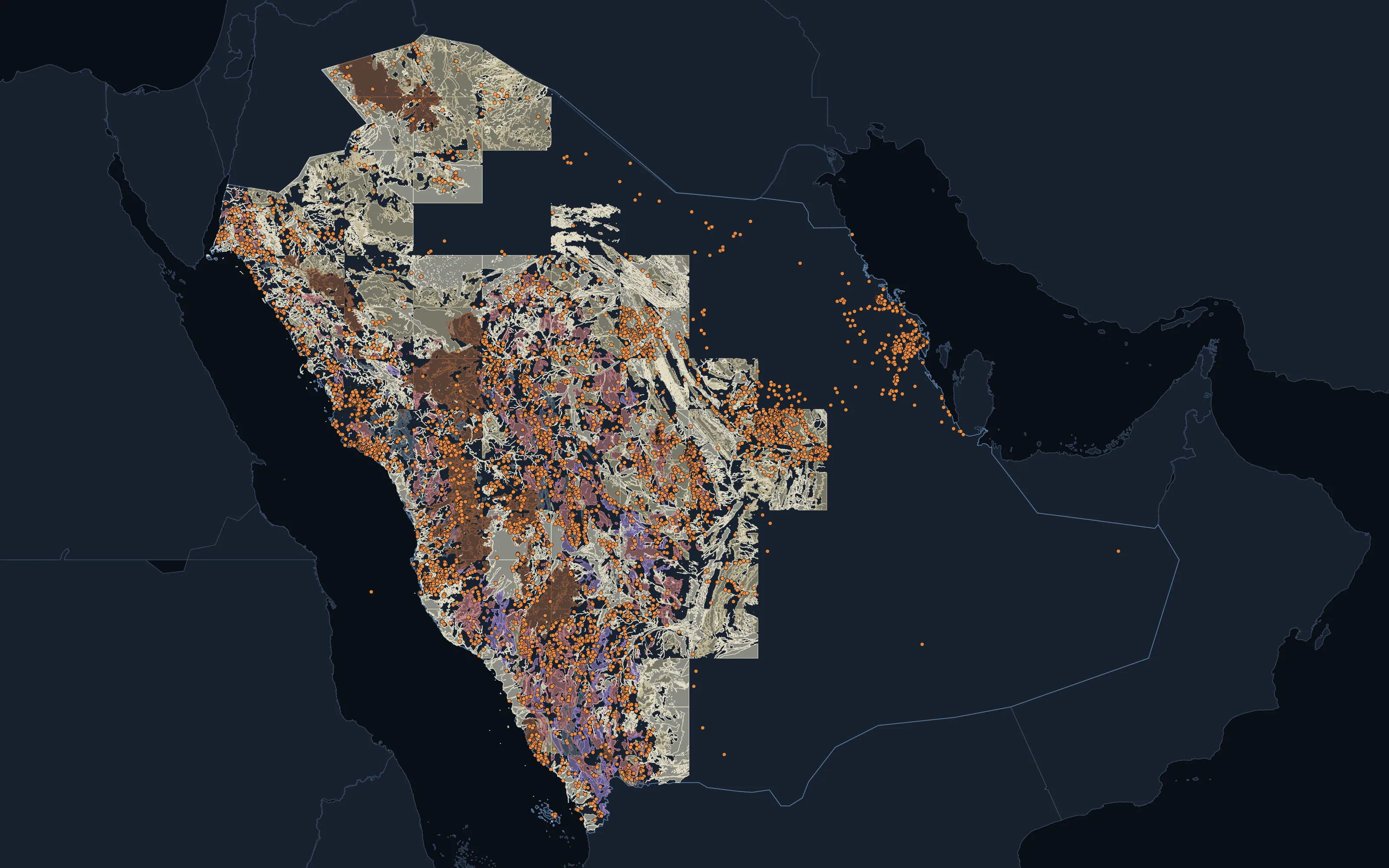 Saudi Arabia: national geology with mapped deposits and occurrences, as published by the Saudi Geological Survey.