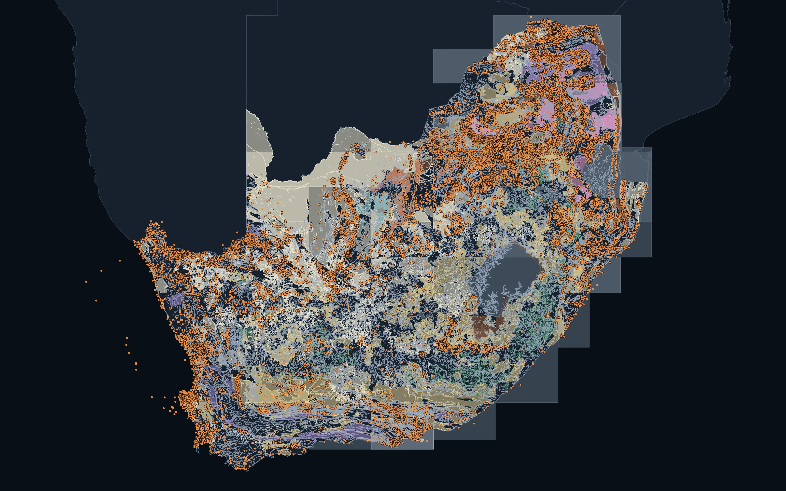 South Africa: Geology, mapped structure and deposits